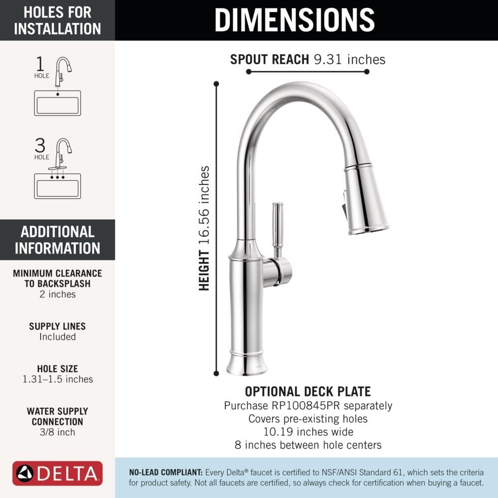 Delta Renaldi Kitchen Faucet with Pull Down Sprayer, Chrome Kitchen Sink Faucet, Delta ProClean Kitchen Faucet, Pull Down Kitchen Faucet, Lumicoat Chrome Nickel 9184-PR-DST