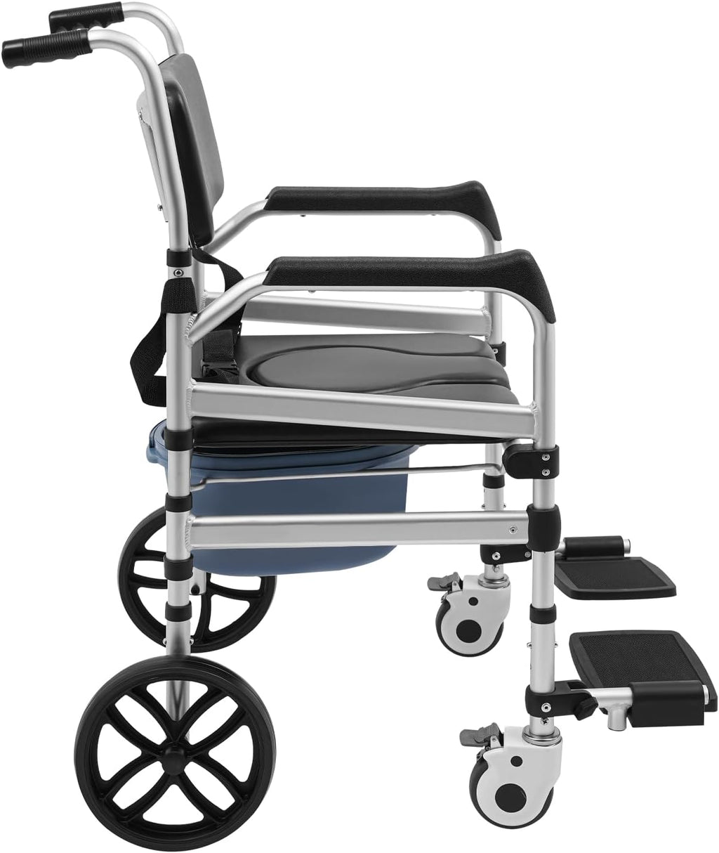 Foldable Shower Chair with Wheels, Rolling Shower Wheelchair Bedside Commode Chair with Arms, Portable Height Adjustable Bathroom Shower Chair for Seniors Adult Disabled (U-Shaped, with Sofa Cushion)