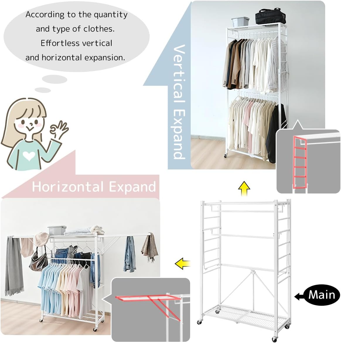 lumizone Folding Clothing Rack with Wheels Expandable Wardrobe Portable Clothes Rack for Hanging Clothes Adjustable Closet Shelves Garment Rack Durable Closet Racks for Hanging Clothes (Pro White)