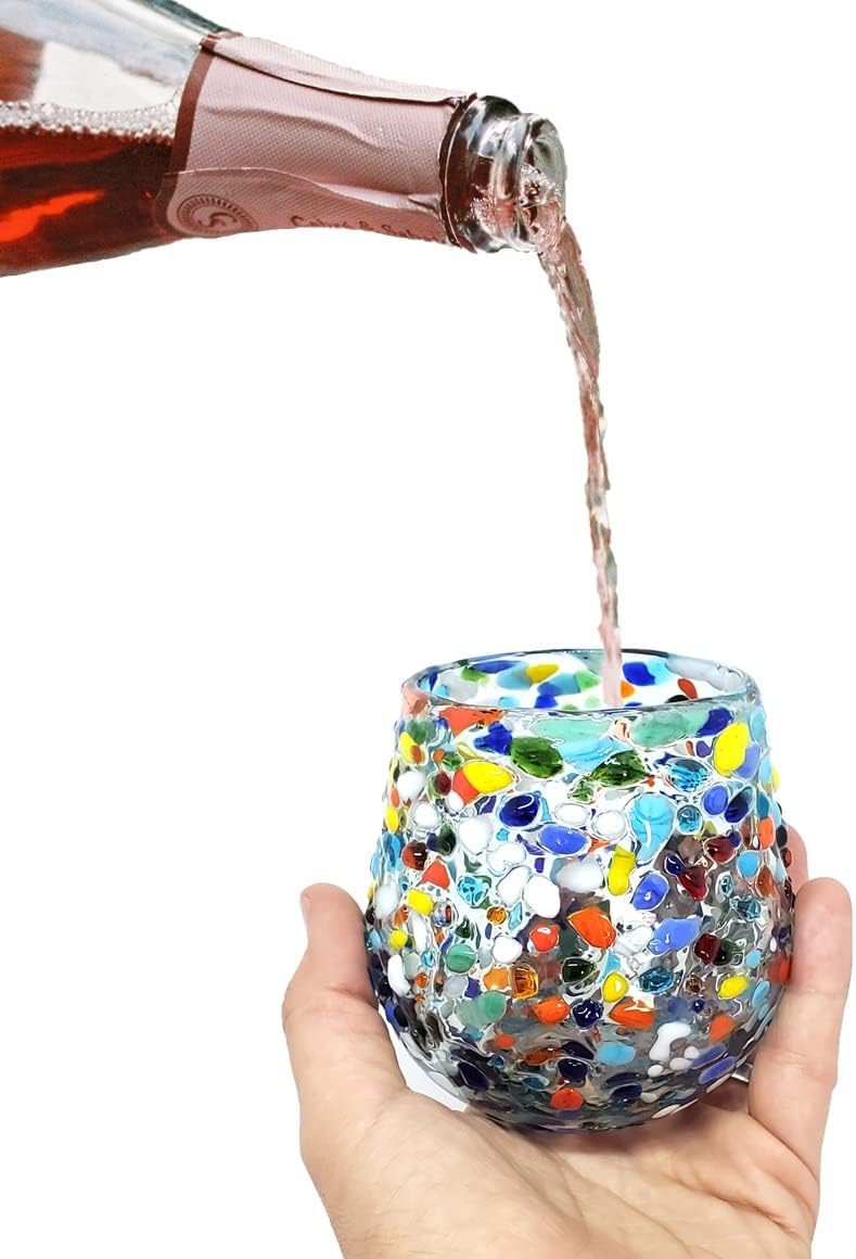 Confetti Rocks 16 oz Stemless Wine Glasses (set of 6), Recycled Glass, Lead-free, Toxin-Free (16oz Stemless)
