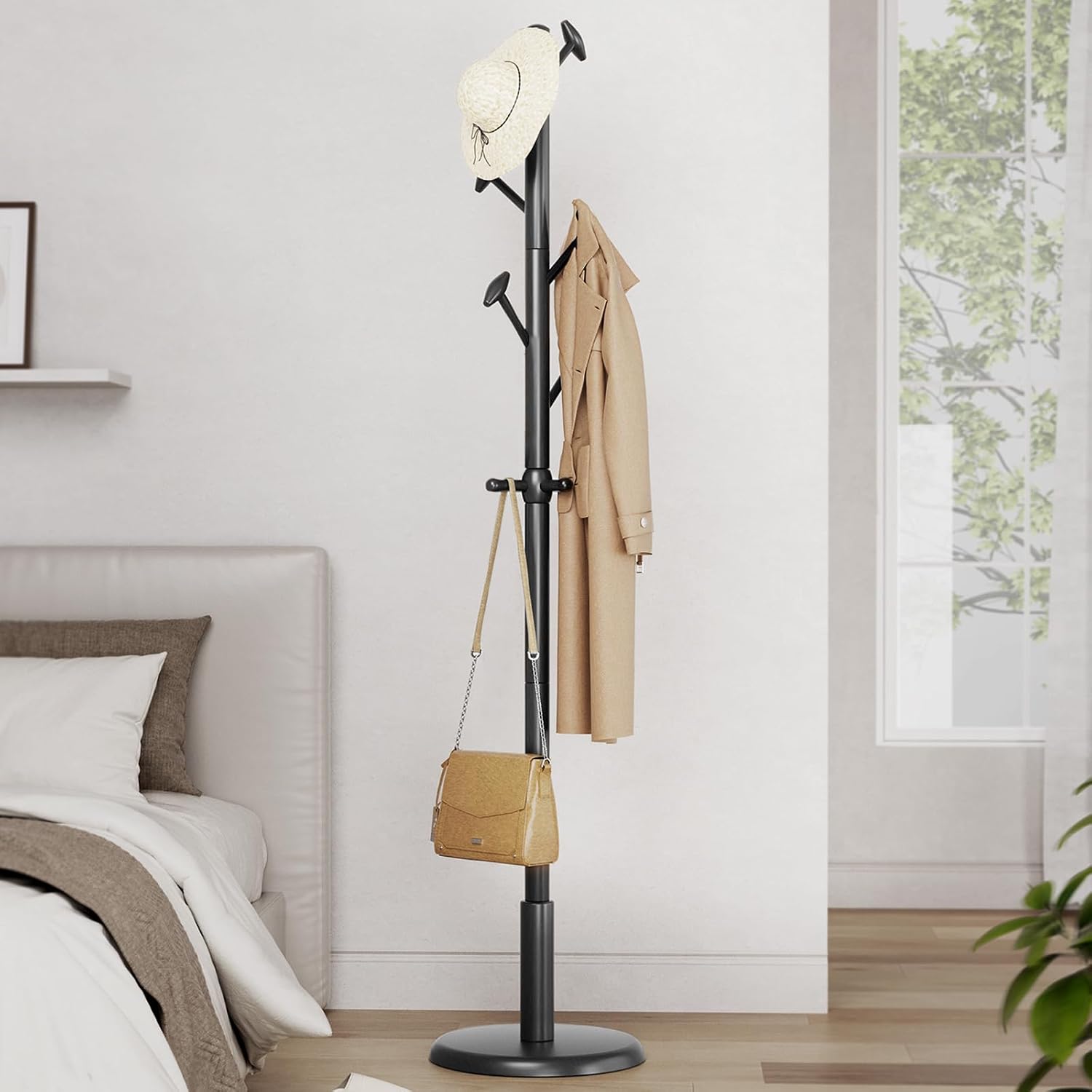 Taitiy Solid Wood Coat Rack Freestanding Coat Tree with 10 Hooks for Bedroom, Livingroom, Entryway, Sturdy Coat Hanger Stand for Hats, Coats, Scarves, Handbags, Purses