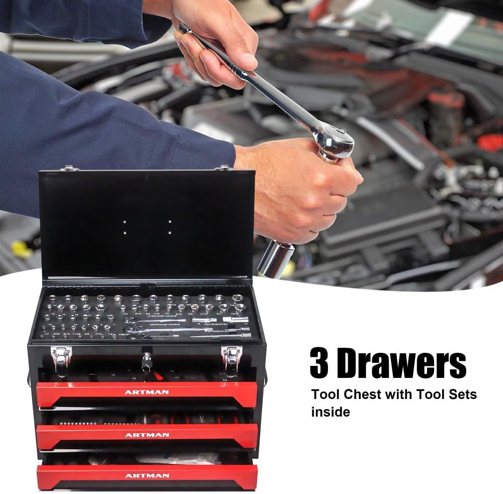 Tool Box Set, 439-Piece Mechanic's Tool Kit, 4-Drawer High Capacity Tool Chest, Lockable Storage Organizer with Sliding Drawers for Home & Garage Repair (Red)