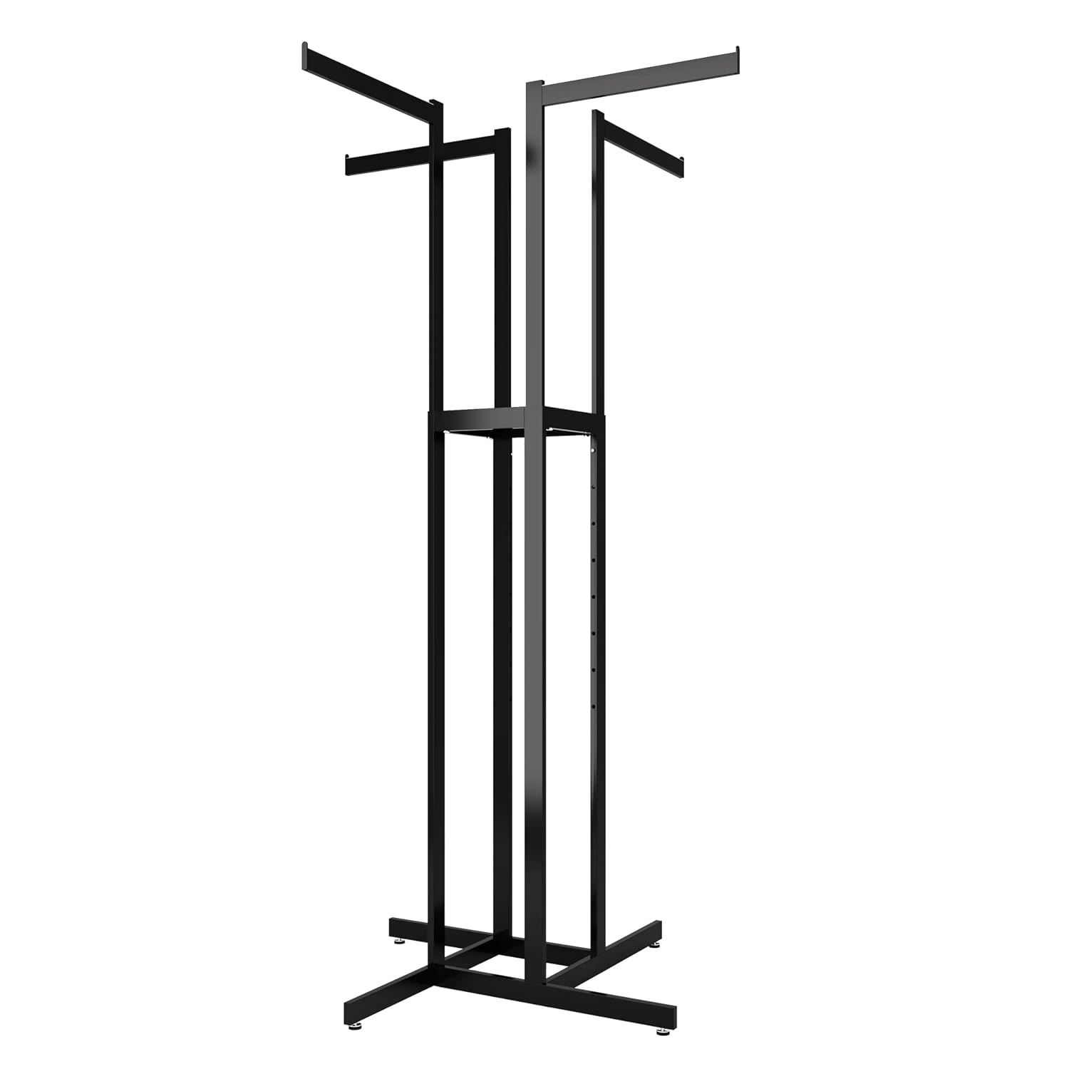 Clothing Rack – Black 4 Way Rack, Adjustable Height Arms, Blade Arms, Square Tubing, Perfect for Clothing Store Display With 4 Straight Arms