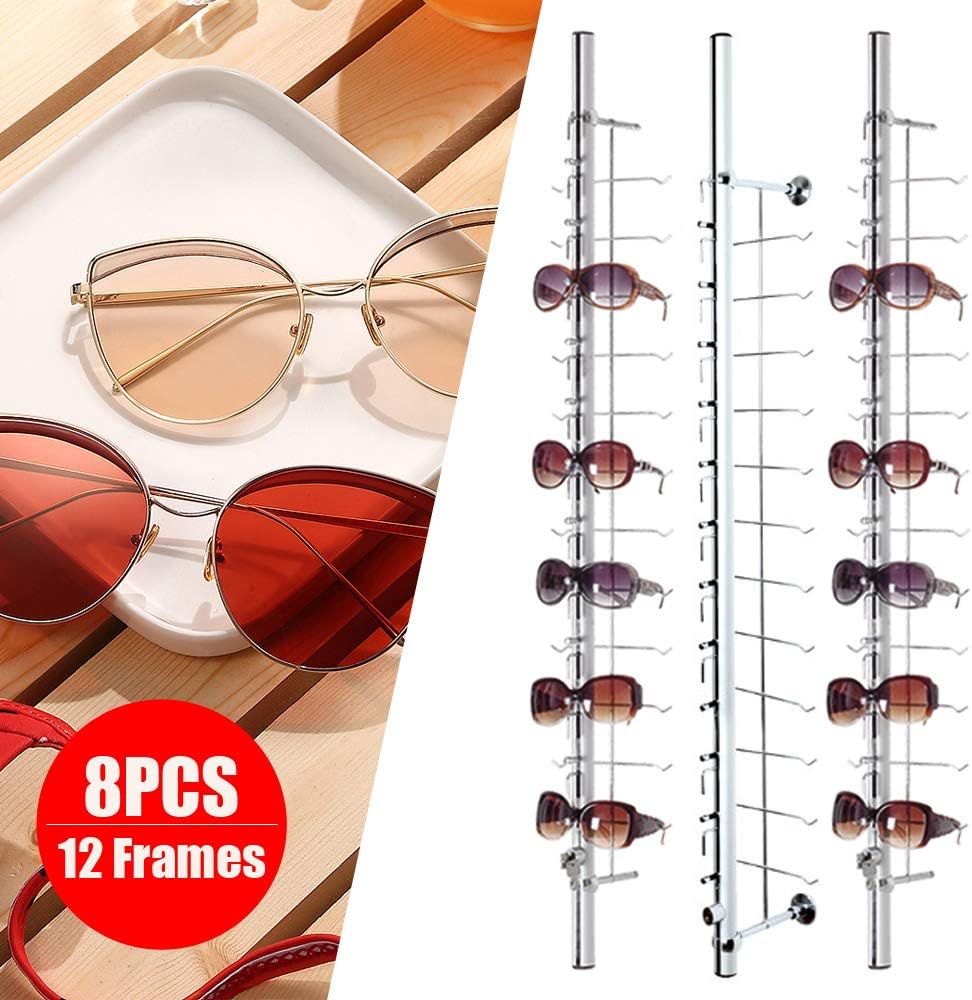 8 Pcs Aluminum Eyeglass Display Rod with Lock, Wall Mount Sunglasses Display Stand Holder Organizer for Optical Store & Home Use (43.3 Inch, Hold 12 Frames)
