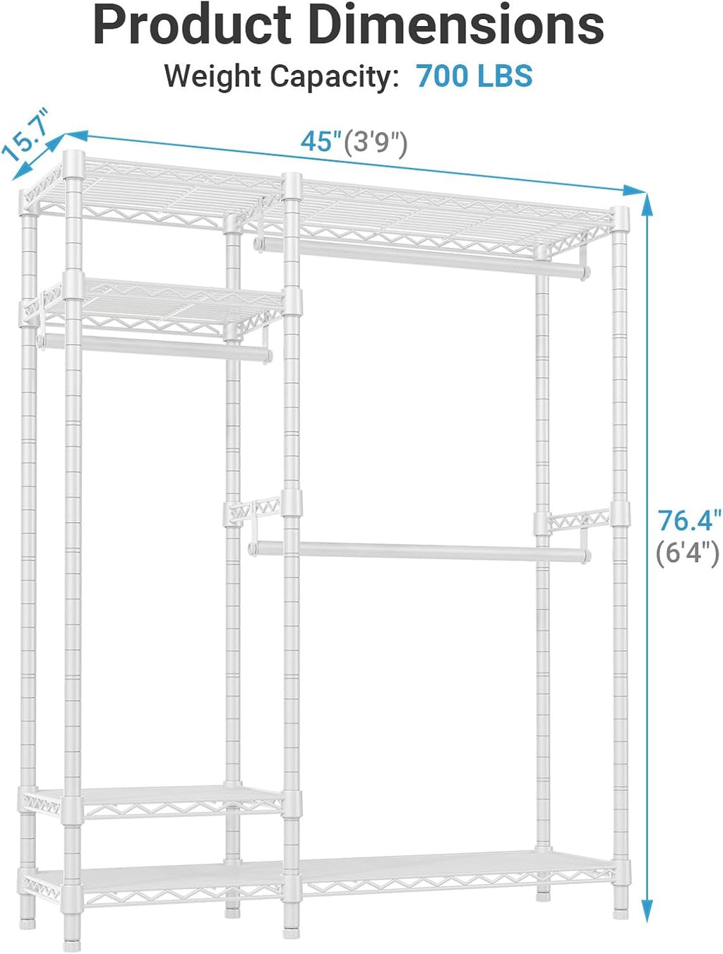 VIPEK V2 Heavy Duty Clothes Rack 4 Tiers Wire Shelving Garment Racks with 3 Hanging Rods Compact Freestanding Closet Metal Closet Rack, Max Load 700LBS, White
