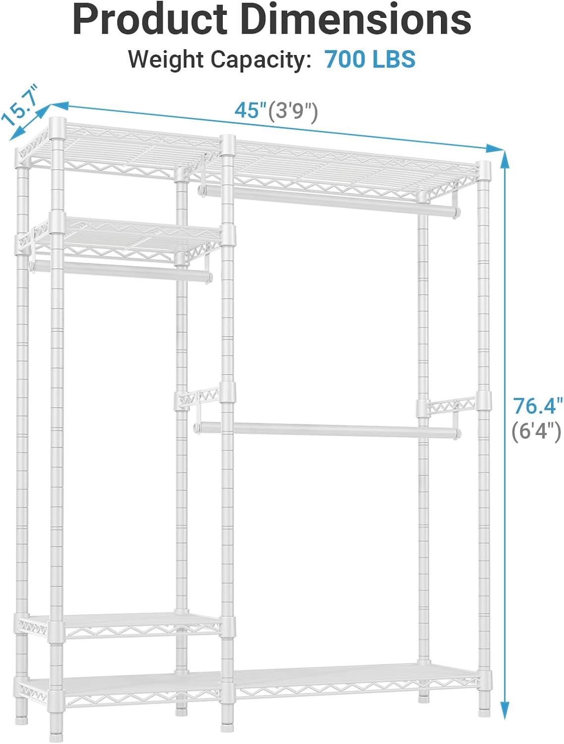 VIPEK V2 Heavy Duty Clothes Rack 4 Tiers Wire Shelving Garment Racks with 3 Hanging Rods Compact Freestanding Closet Metal Closet Rack, Max Load 700LBS, White