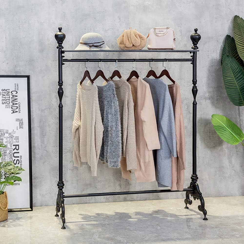 Vintage Iron Pipe Garment Rack, Floor-Standing Garment Hanger with Storage, Clothes/Shoe/Bag Organizers Display Stand, Garment Shelf for Retail Stores
