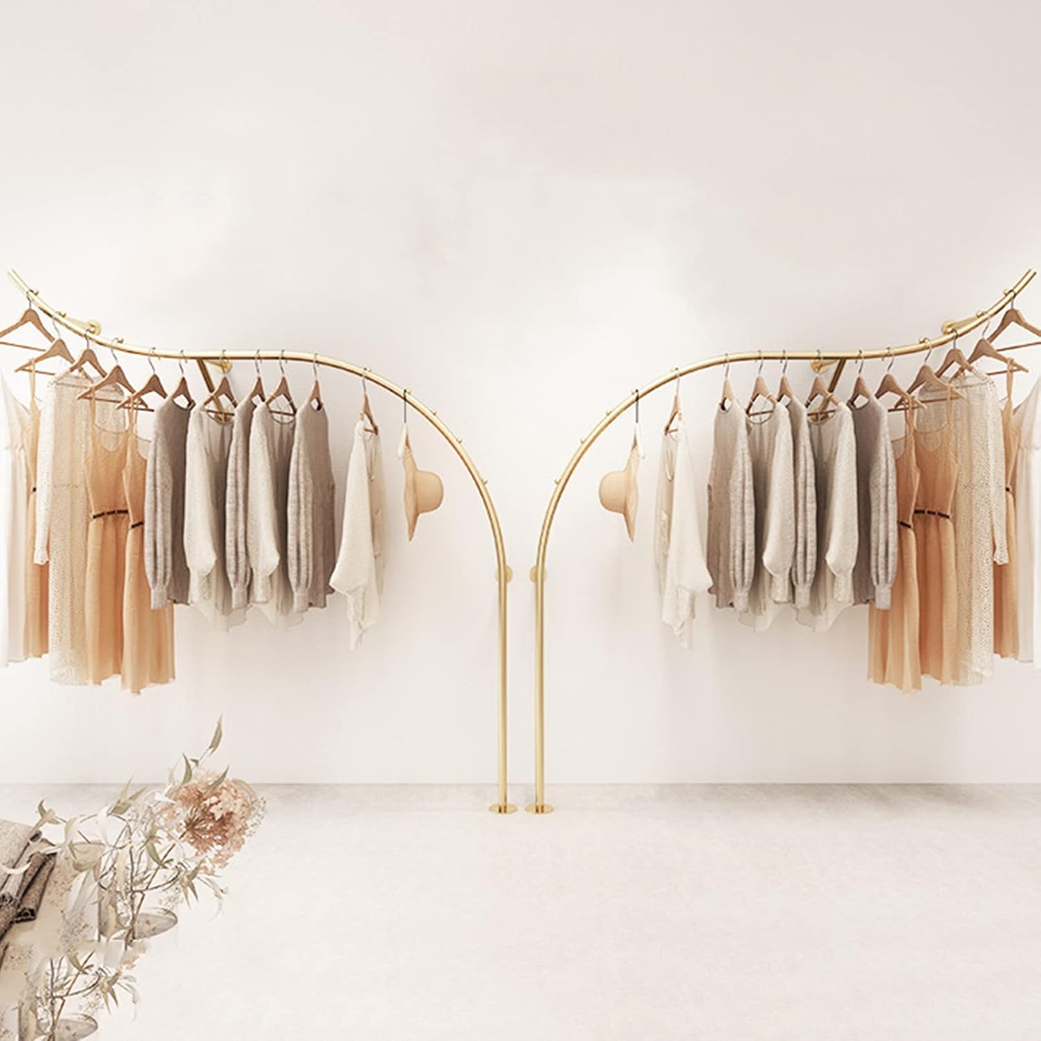 2 Pcs Clothing Store Display Stands Garment Rack, Wall Mounted Storage Clothes Shoe Bag Pipe Shelf, Retail Clothes Hanger Entrance Porch Organization Hanging Rod, Gold Closet Organizer Towel Rack
