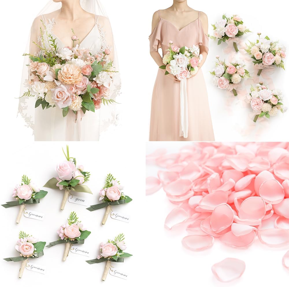 Ling's moment Wedding Artificial Flowers Package, Bridal Bouquet, Bridesmaid Bouquets, Boutonniere for Men, Rose Petals.Blush Pink