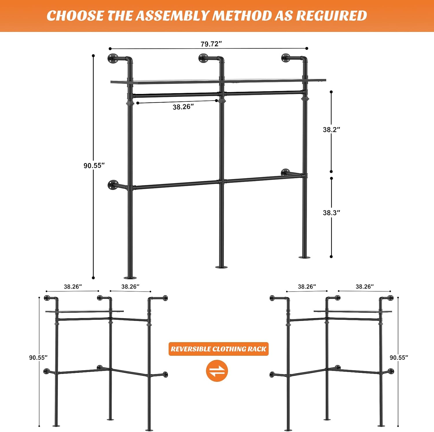 Aheaplus Industrial Pipe Clothing Rack, Reversible 79.7'' Clothes Rack for Hanging Clothes, Heavy Duty Garment Racks Closet Wardrobe with LED Lights& Shelves, Walk-in Closet System, Black