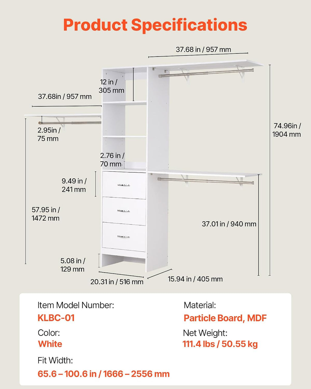 VEVOR Closet System with 3 Drawers, Adjustable Height Wooden Closet Organizers, Modern Walk-in Wardrobe Organization with 3 Retractable Clothes Hanger Rods, Freestanding Garment Rack Storage, White