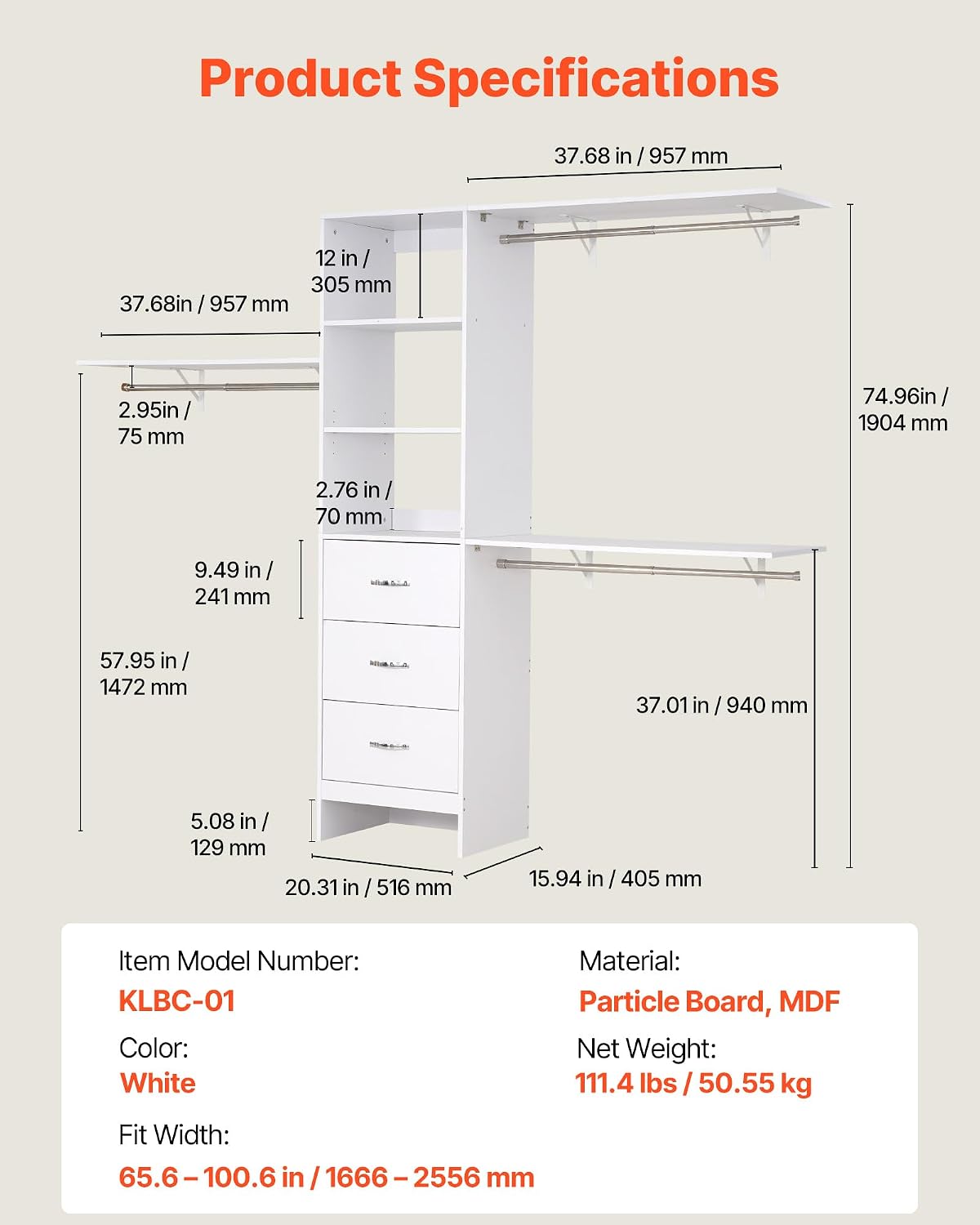 VEVOR Closet System with 3 Drawers, Adjustable Height Wooden Closet Organizers, Modern Walk-in Wardrobe Organization with 3 Retractable Clothes Hanger Rods, Freestanding Garment Rack Storage, White