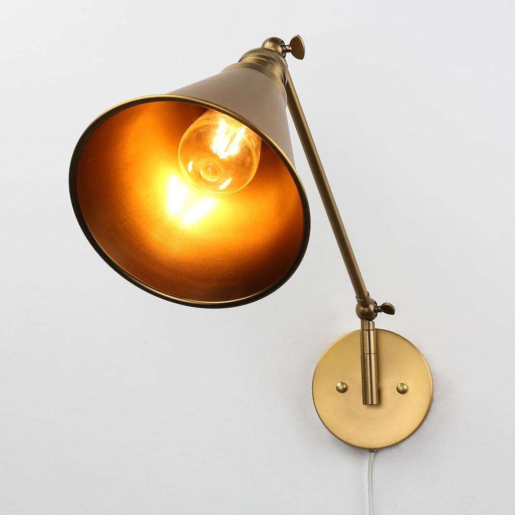 PERMO Wall Sconce Set of 2 Plug in Metal Wall Sconces Swing Arm Wall Light with Flared Metal Shade for Bedside Bedroom (Antique Gold)
