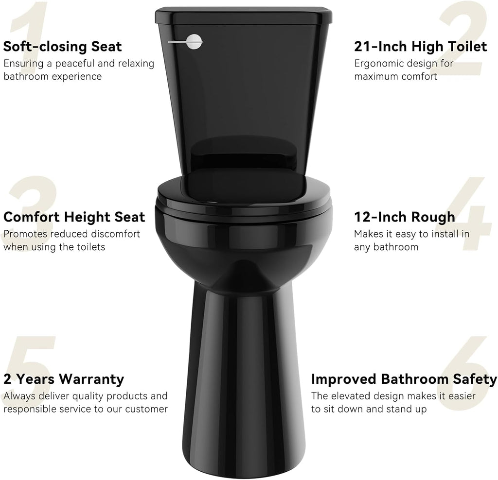 Simple Project Tall Toilet for Seniors 21 inch Extra High Toilets, Comfort Bowl Heigh 21', Seat Height 22', Two-Piece Toilet 1.28GPF Powerful, 12 Inch Rough-in, Black Color, Ada Toilets for Bathroom