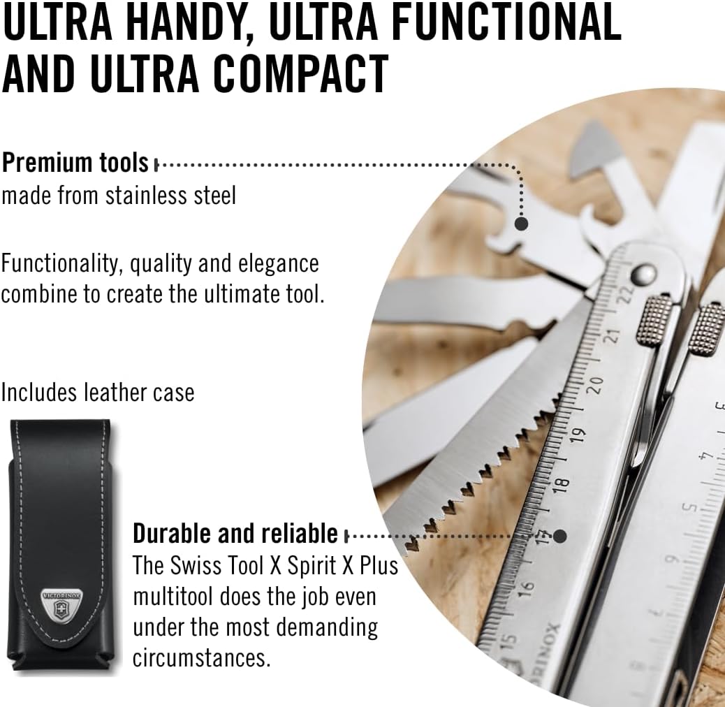 Victorinox Swiss Tool X Plus Ratchet Swiss Army Knife, 35 Function Swiss Made Multi-Tool with Needle-nose pliers, Wire Cutter, Crate Opener and Large Blade - Silver