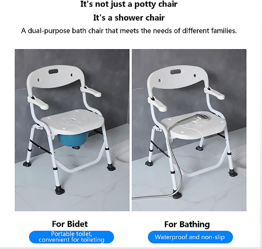 Shower Chairs for The Disabled,Bedside Toilet Chair with Anti-Slip Armrests,Foldable Commode Toilet,4 Levels Height Adjustable,Adult Potty Chair,No Installation Required
