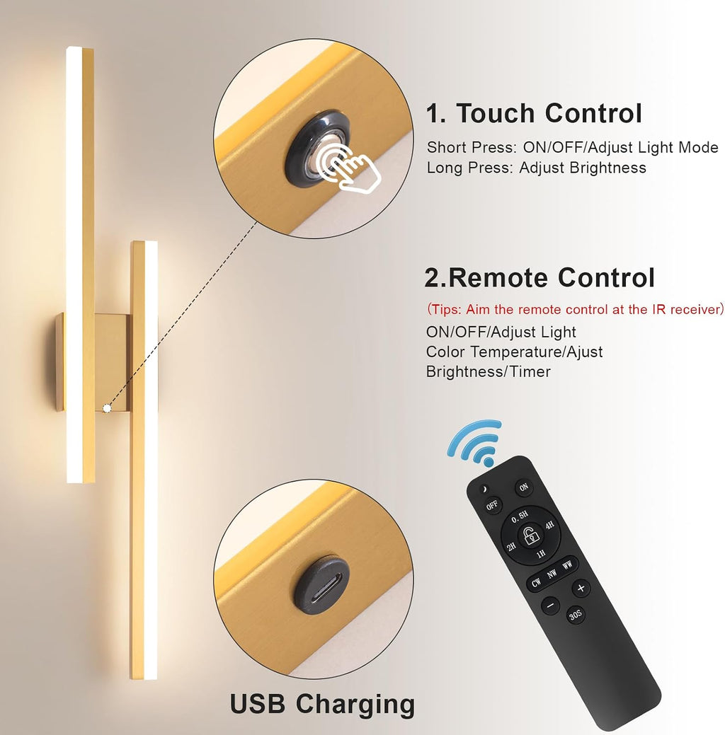 Modern Battery Operated Wall Sconce Set of Two,Gold Wall Light with Remote,Rechargeable LED Wall Lamp Indoor for Bathroom Living Room Bedroom Corridor