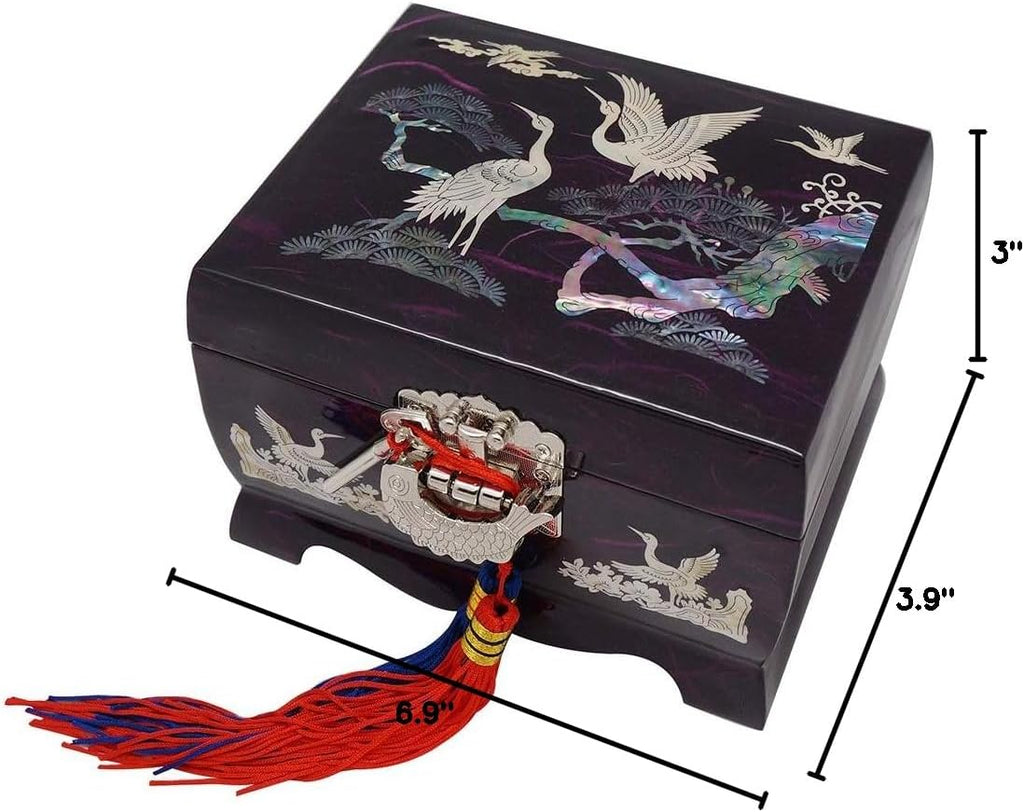 Mother of Pearl Music Bird Design Purple Wooden Women Jewelry Mirror Trinket Keepsake Treasure Gift Musical Asian Lacquer Watch Ring Box Case Chest Organizer with Crane and Pine Tree