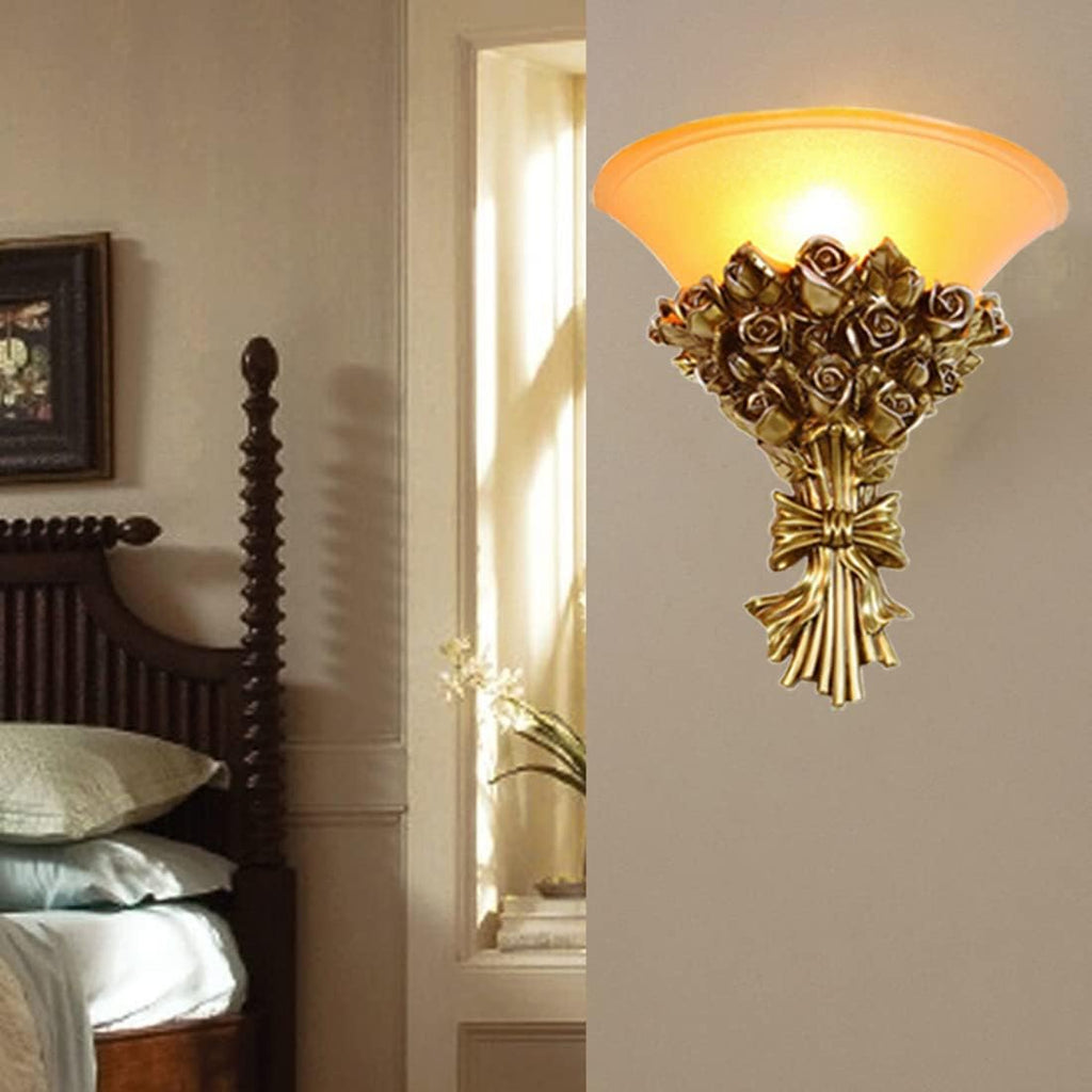Vintage Wall Sconce Roses 1-Light Antique Gold Wall Sconce with Frosted Glass Shade, Unique Resin Golden Flower Style Mid Century Modern Wall Light for Living Room Hallway Bedroom