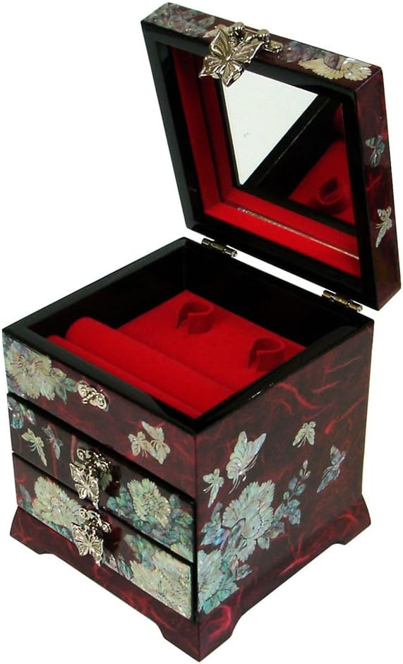 Antique Alive Mother of Pearl Inlay Design Jewelry Box, Wood Jewelry Box, Trinket Case, Keepsake Treasure Chest Box Organizer Holder (Flower)