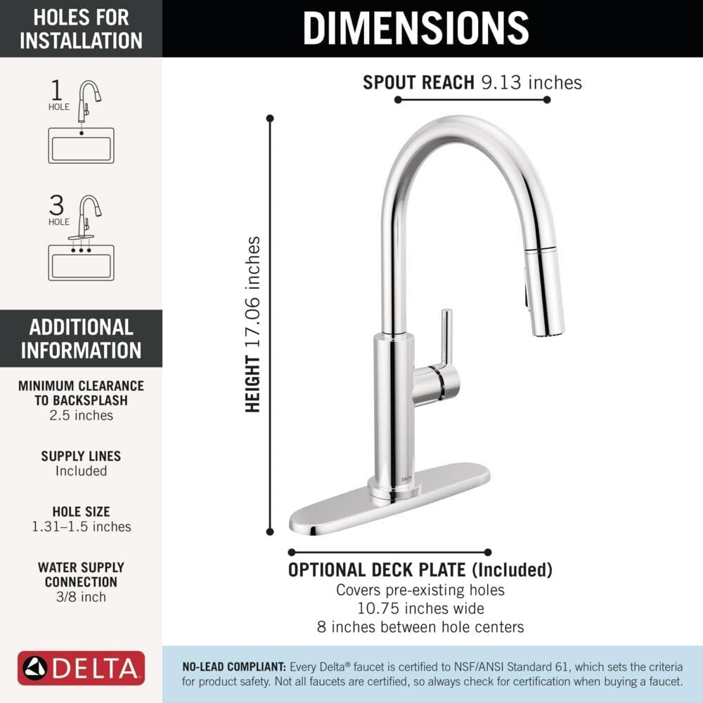 Delta Nicoli Chrome Kitchen Faucet with Pull Down Sprayer, Modern Single Hole Kitchen Sink Faucet, Single Handle, Chrome 19867LF