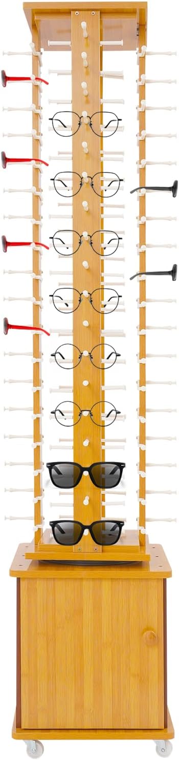 Retail Eyeglass Displays & Racks,Rotating Glasses Display Stand Holds up to 72 Pairs, Floor Standing Wood Eyewear Hanging Rack, Commercial Sunglasses Storage Organizer