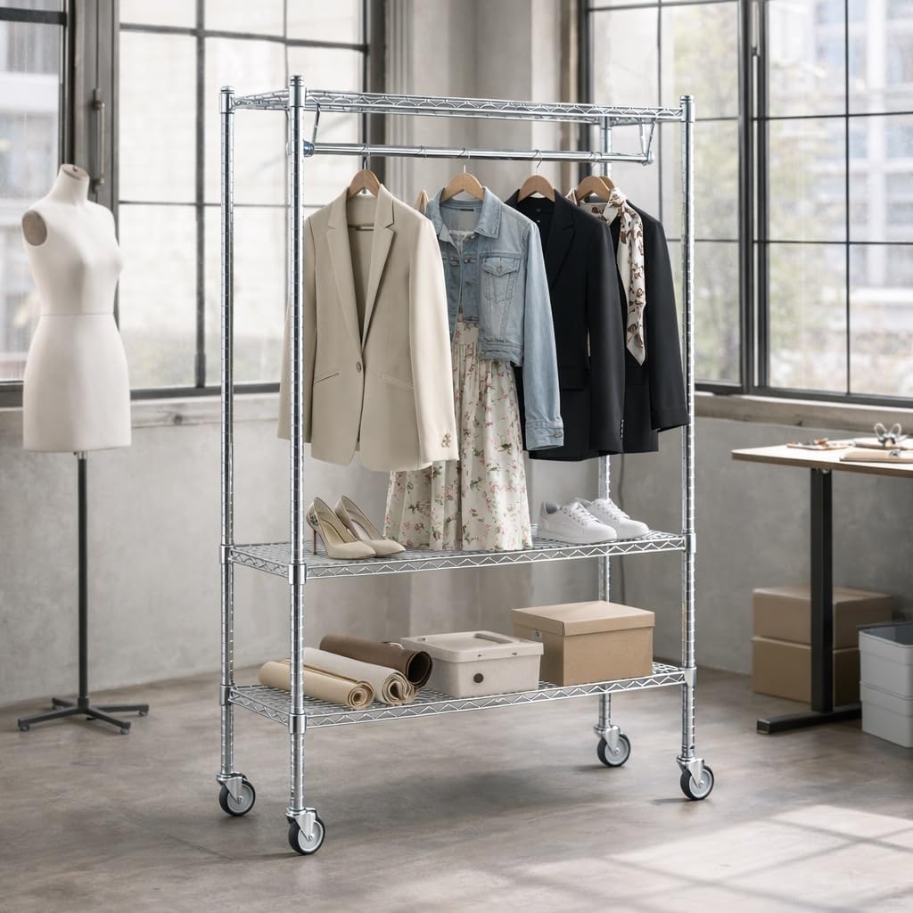 Garment Rack, Chrome Commercial Clothing Rack for Retail, Events & Storage, Adjustable Steel Clothes Rack with High Weight Capacity for Professional Use (Stationary, W18'' x L24'' x H74'')