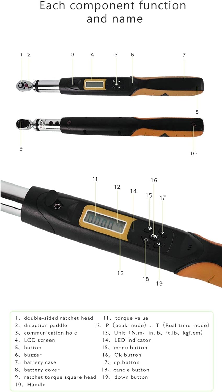 AWG2-010 1/4 Digital Torque Wrench with 36 Teeth Bidirectional Ratchet Head High Accuracy 2% 100 Data Storage Function