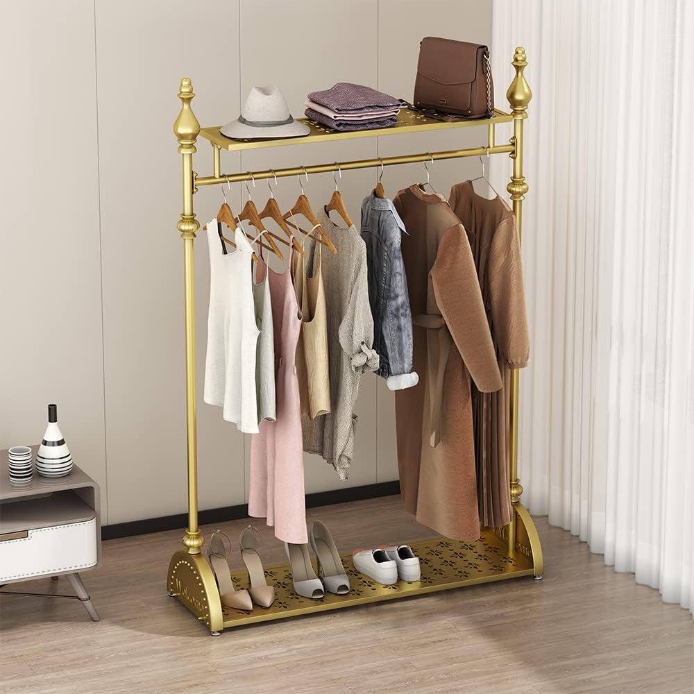 Clothing Rack Gold, Industrial Clothes Rack for hanging Clothes with Double Shelves Freestanding Multi-functional Heavy Duty Garment Rack, Metal Movable Coat Rack for Organizing Clothes Shoes