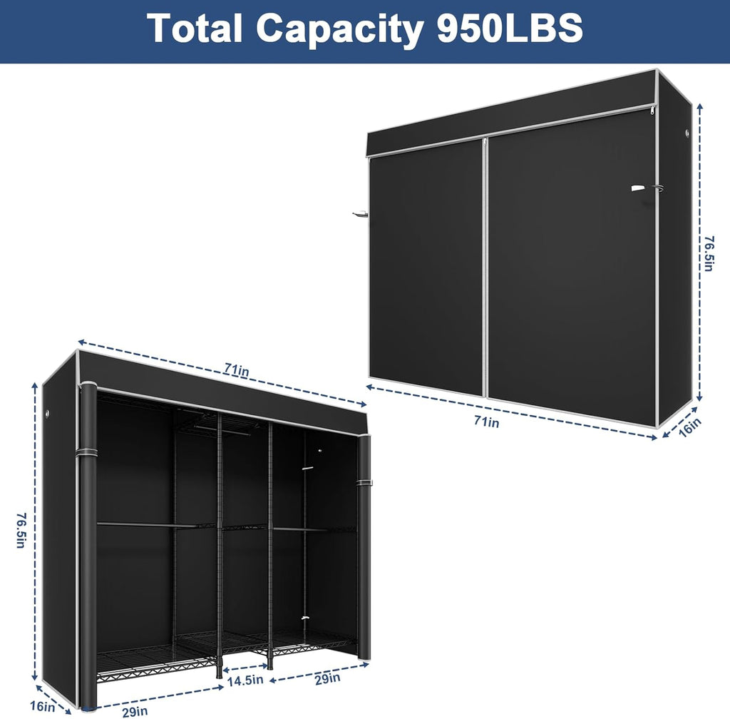 Ulif E12C Pro Heavy Duty Closet Organizer System，Freestanding Clothing Rack, Adjustable Garment Rack 71' W x 16' D x 76.5' H Holds 960 lbs, Black Rack with Black Dustproof Cover