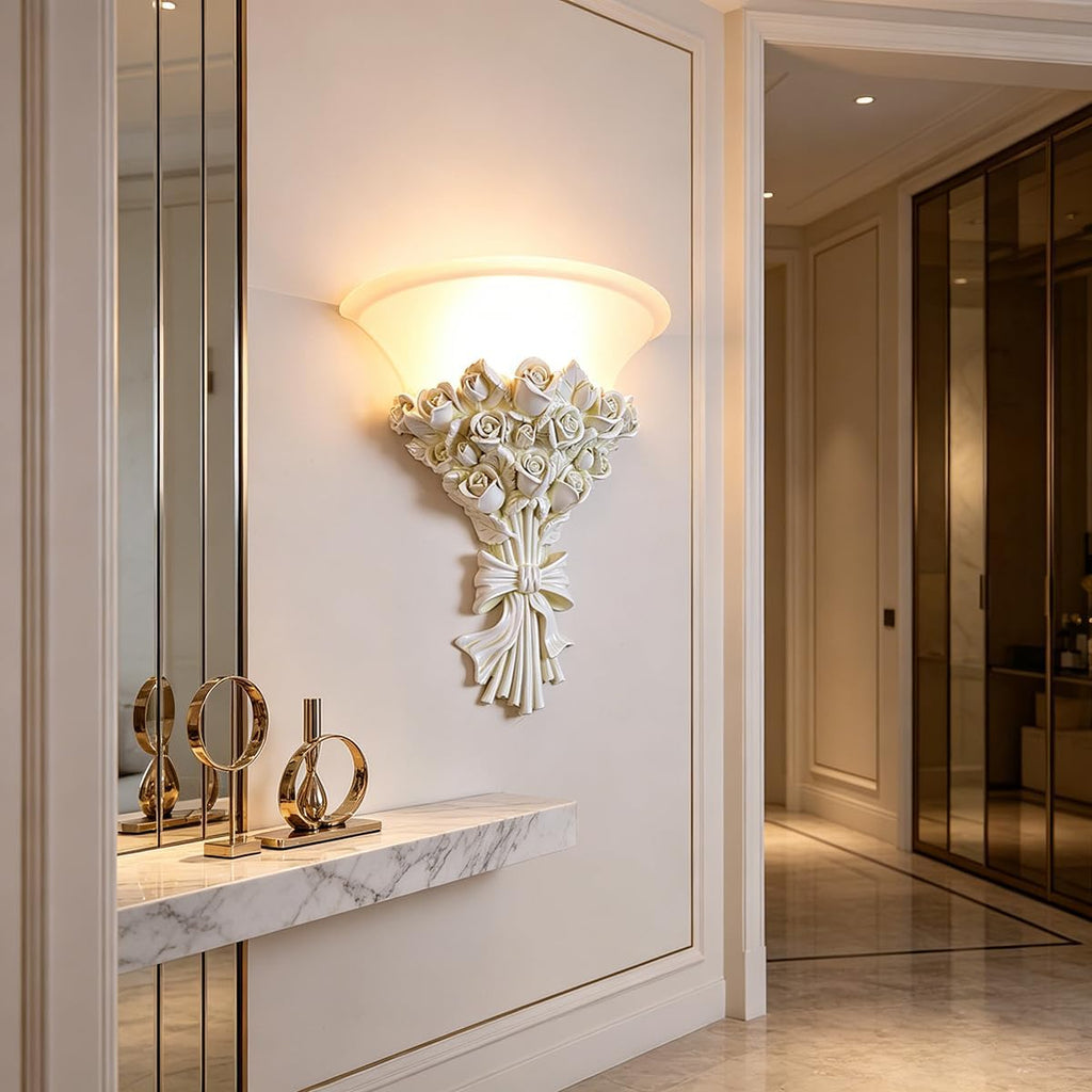 White Flower Wall Sconce 1-Light Antique Rose Resin Flower Wall Lamp with Frosted Glass Shade, E26 Hardwired Light Fixture Vintage Indoor Art Deco Lighting for Bedroom Living Room