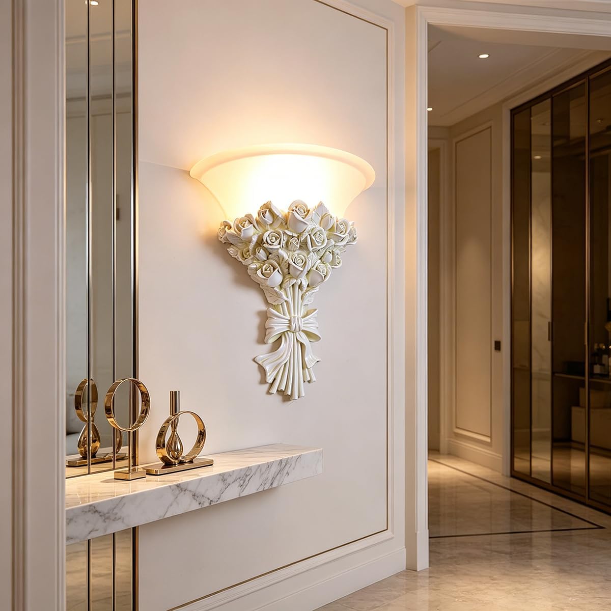 White Flower Wall Sconce 1-Light Antique Rose Resin Flower Wall Lamp with Frosted Glass Shade, E26 Hardwired Light Fixture Vintage Indoor Art Deco Lighting for Bedroom Living Room