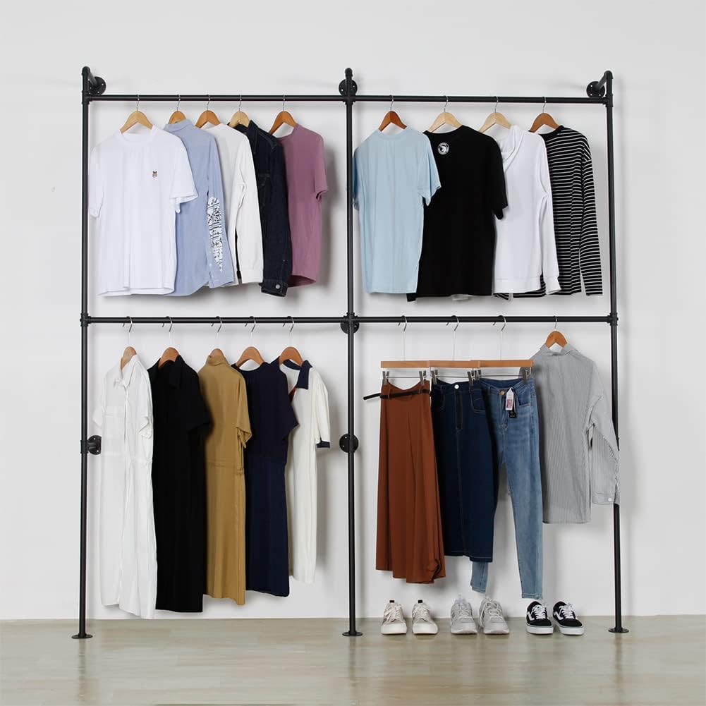 Industrial Pipe Clothing Rack Heavy Duty Double Closet Rod Clothes Rack, Clothing Rods for Hanging Clothes, Wall Mounted Clothes Garment Rack Closet System 90in Black