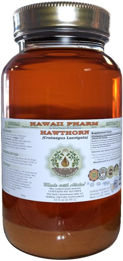 Hawaii Pharm Hawthorn Alcohol-Free Liquid Extract, Hawthorn (Crataegus Laevigata) Dried Leaf, Flower and Stem Glycerite Natural Herbal Supplement 32 oz Unfiltered