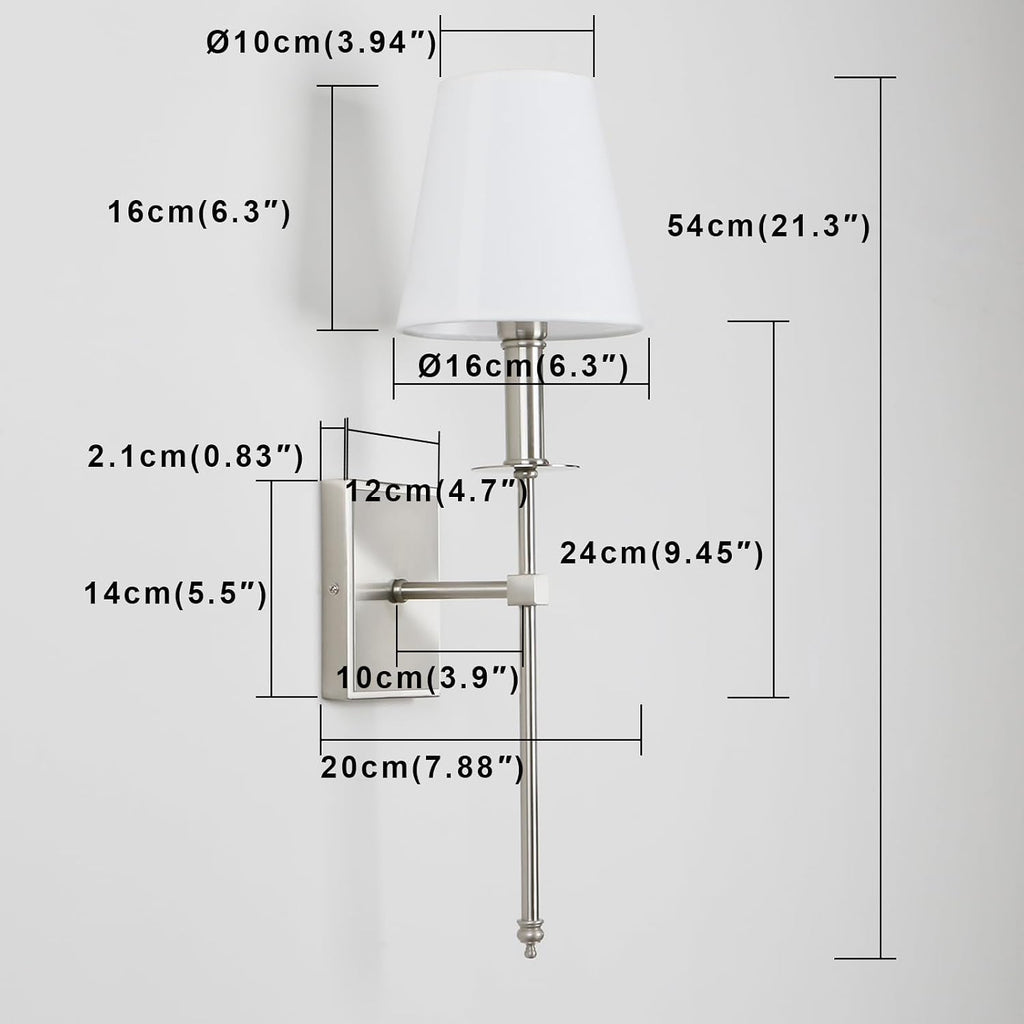 PERMO Set of 2 Classic Rustic Industrial Wall Sconce Lighting Fixture with Flared White Textile Lamp Shade and Brushed Tapered Column Stand, Hardwired, E26 Base