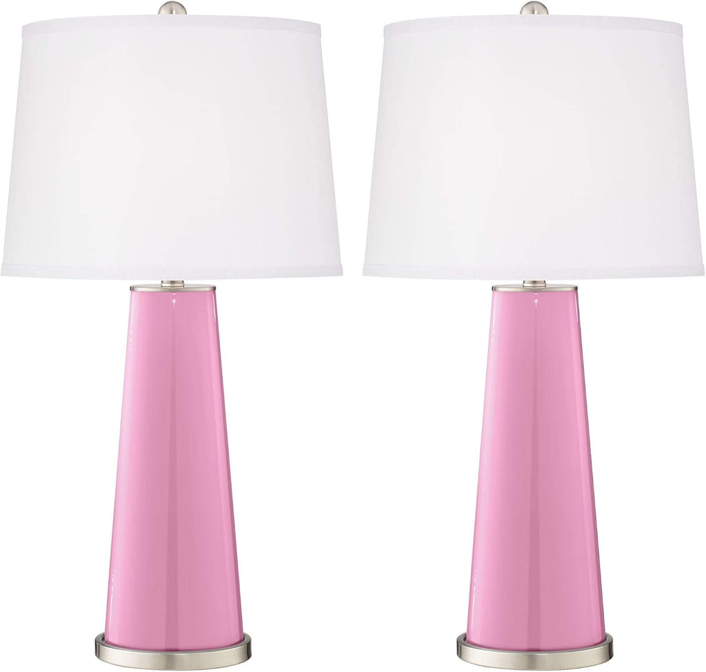 Color + Plus Leo Modern Table Lamps 29 1/2' Tall Set of 2 Candy Pink Glass Tapered Column Plain White Drum Shade Decor for Bedroom Living Room House Home Bedside Nightstand Office Family