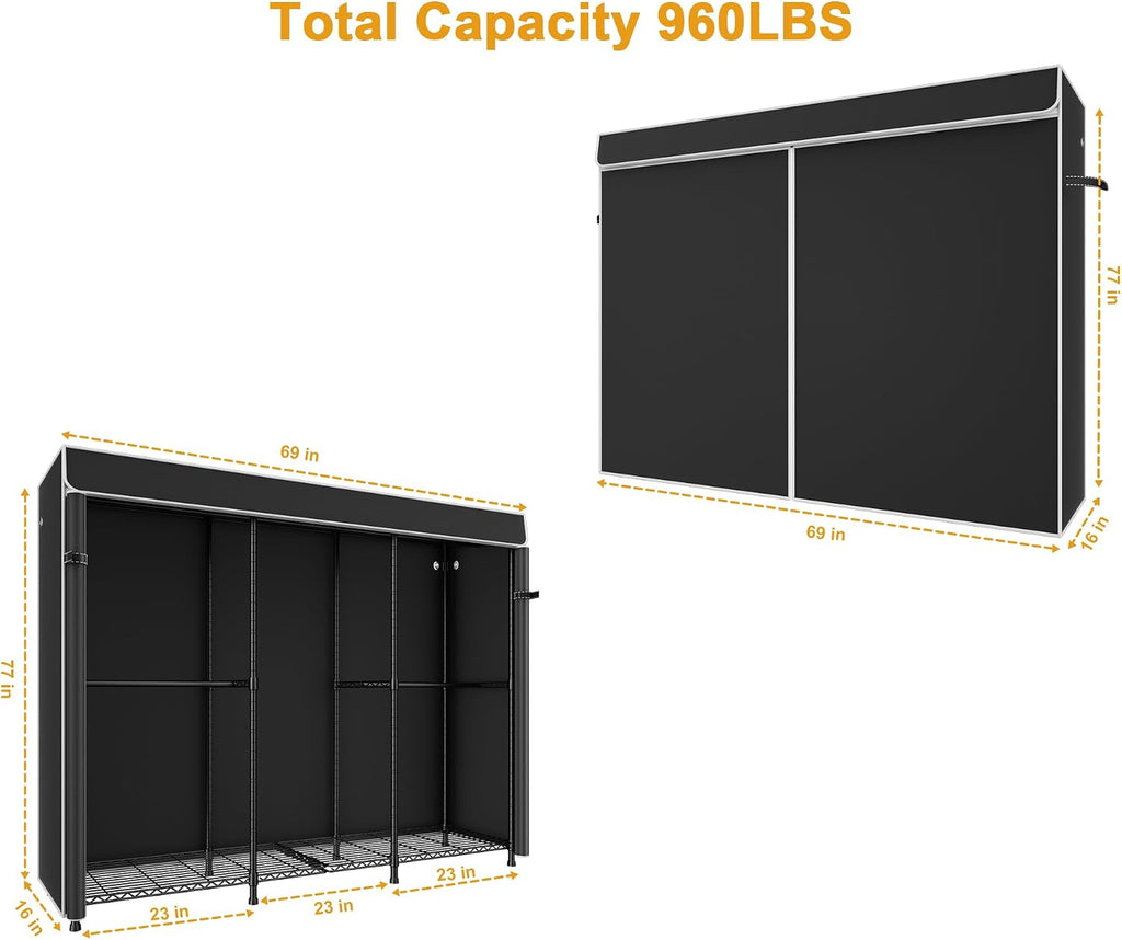 ULIFHOME E14C Pro Heavy Duty Closet Organizer System，Freestanding Clothing Racks for Hanging Clothes，Adjustable Garment Rack 69' W × 16' D × 77' H Hold 960 lbs，Black Rack with Black Dustproof Cover