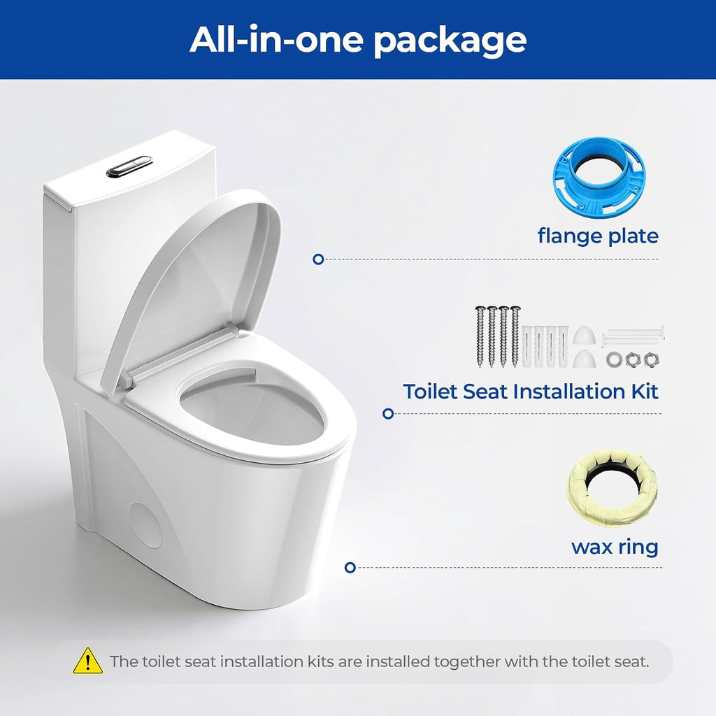 Standard One Piece Toilet with Powerful Flush, Dual Flush 0.87/1.45 GPF, Comfort Height Bathroom Toilet, Modern White Ceramic Commode with Soft-Close Seat and Lid, Easy-clean, 12' Rough-In