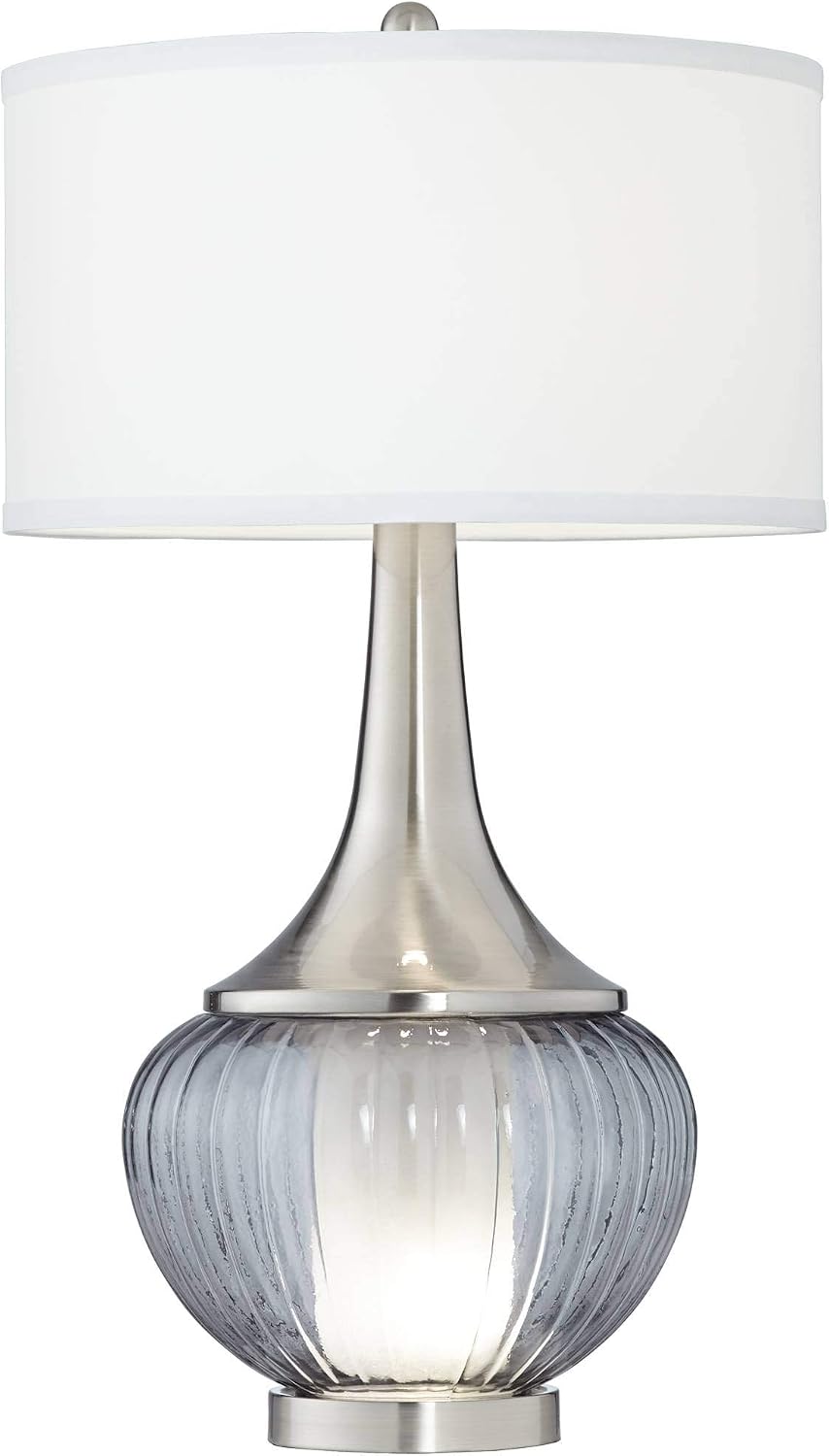 360 Lighting Courtney Modern Table Lamps 28 1/2' Tall Set of 2 with Night Light Brushed Nickel Ribbed Glass White Linen Drum Shade for Bedroom Living Room House Bedside Nightstand Office