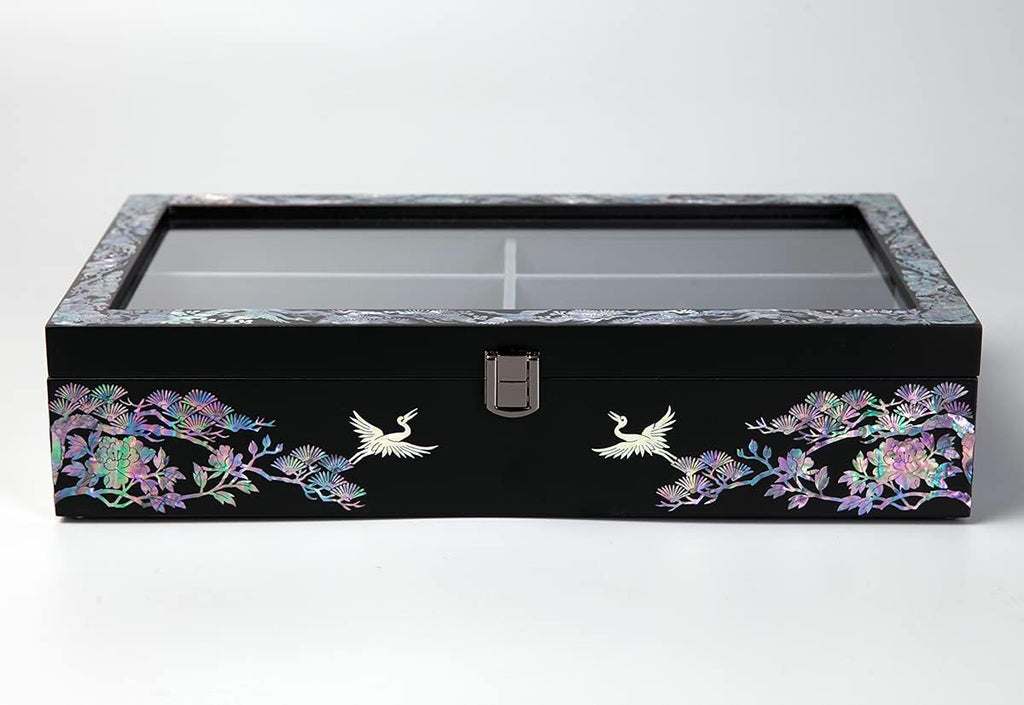 Antique Alive Mother of Pearl Wood Sunglasses Box Eyeglasses Valet Display Storage Case for Glasses, Watches, Jewelry, Trinkets Wooden Accessory Organizer Gift (Crane & Pine Glass Black)