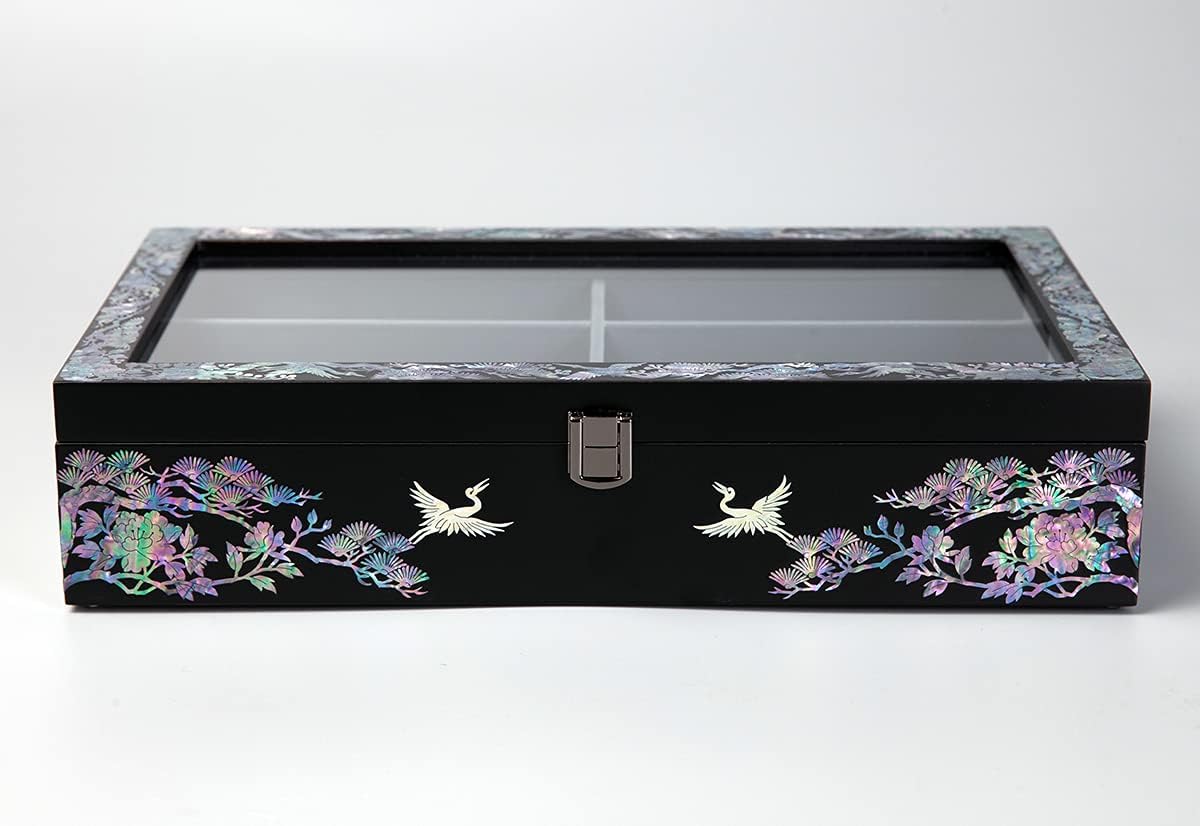 Antique Alive Mother of Pearl Wood Sunglasses Box Eyeglasses Valet Display Storage Case for Glasses, Watches, Jewelry, Trinkets Wooden Accessory Organizer Gift (Crane & Pine Glass Black)