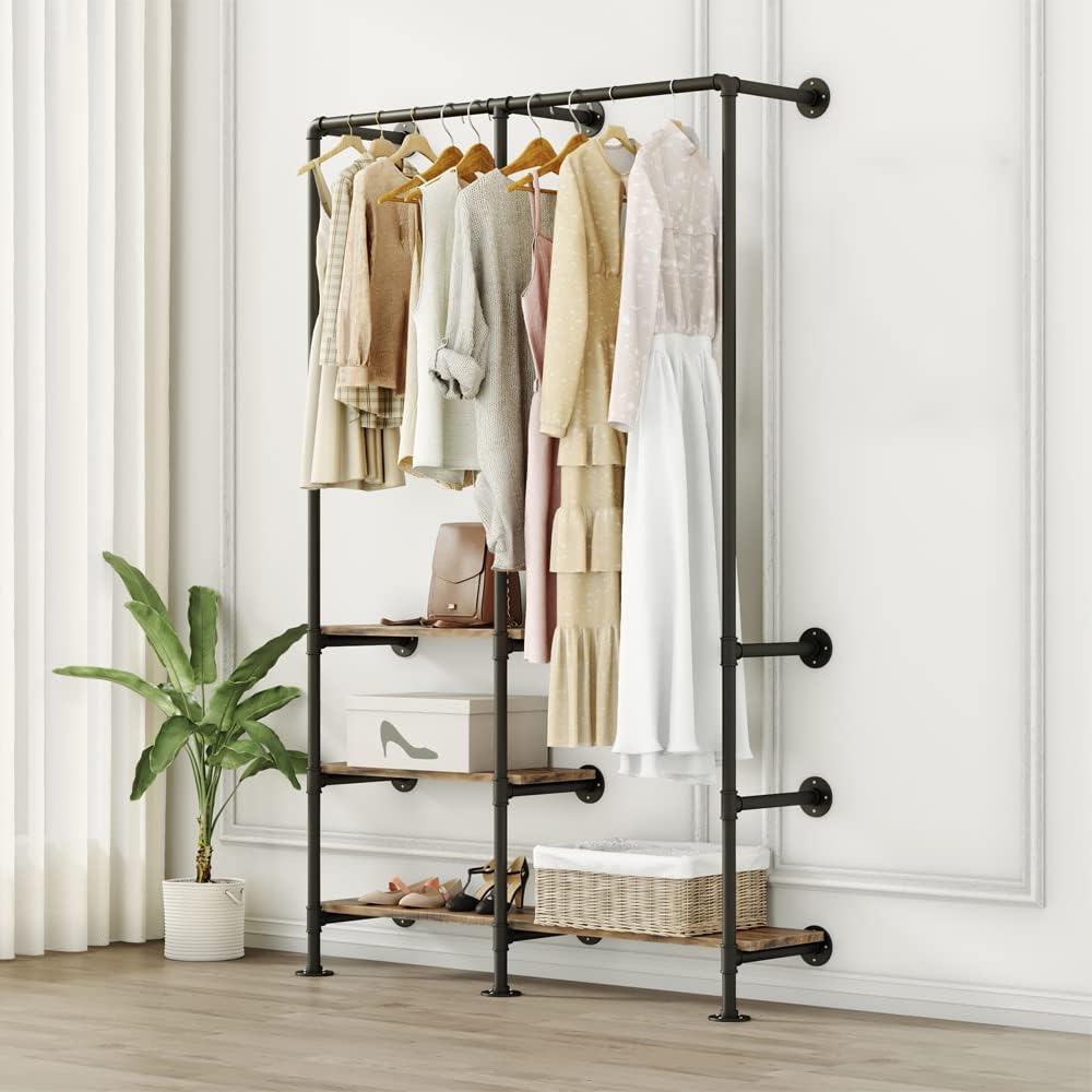 KaKaBB Industrial Wall Mounted Clothes Rack, Black Double Hanging Rods Clothing Rack, Heavy Duty Pipe Clothing Racks With Three Shelves Retail Display Garment Rack for Home/Boutique