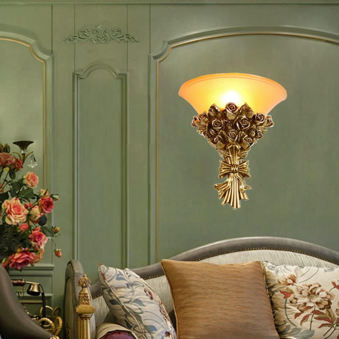 Vintage Wall Sconce Roses 1-Light Antique Gold Wall Sconce with Frosted Glass Shade, Unique Resin Golden Flower Style Mid Century Modern Wall Light for Living Room Hallway Bedroom