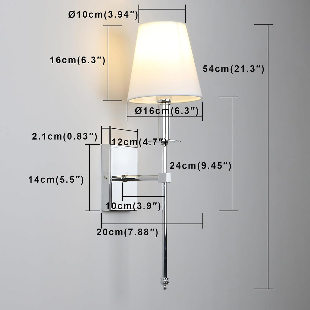 PERMO Set of 2 Classic Rustic Industrial Wall Sconce Lighting Fixture with Flared White Textile Lamp Shade and Chrome Tapered Column Stand, Hardwired, E26 Base