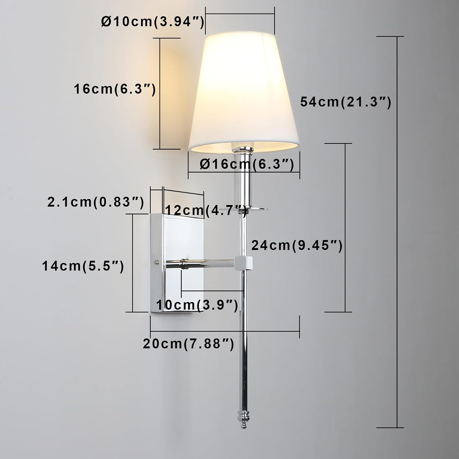 PERMO Set of 2 Classic Rustic Industrial Wall Sconce Lighting Fixture with Flared White Textile Lamp Shade and Chrome Tapered Column Stand, Hardwired, E26 Base