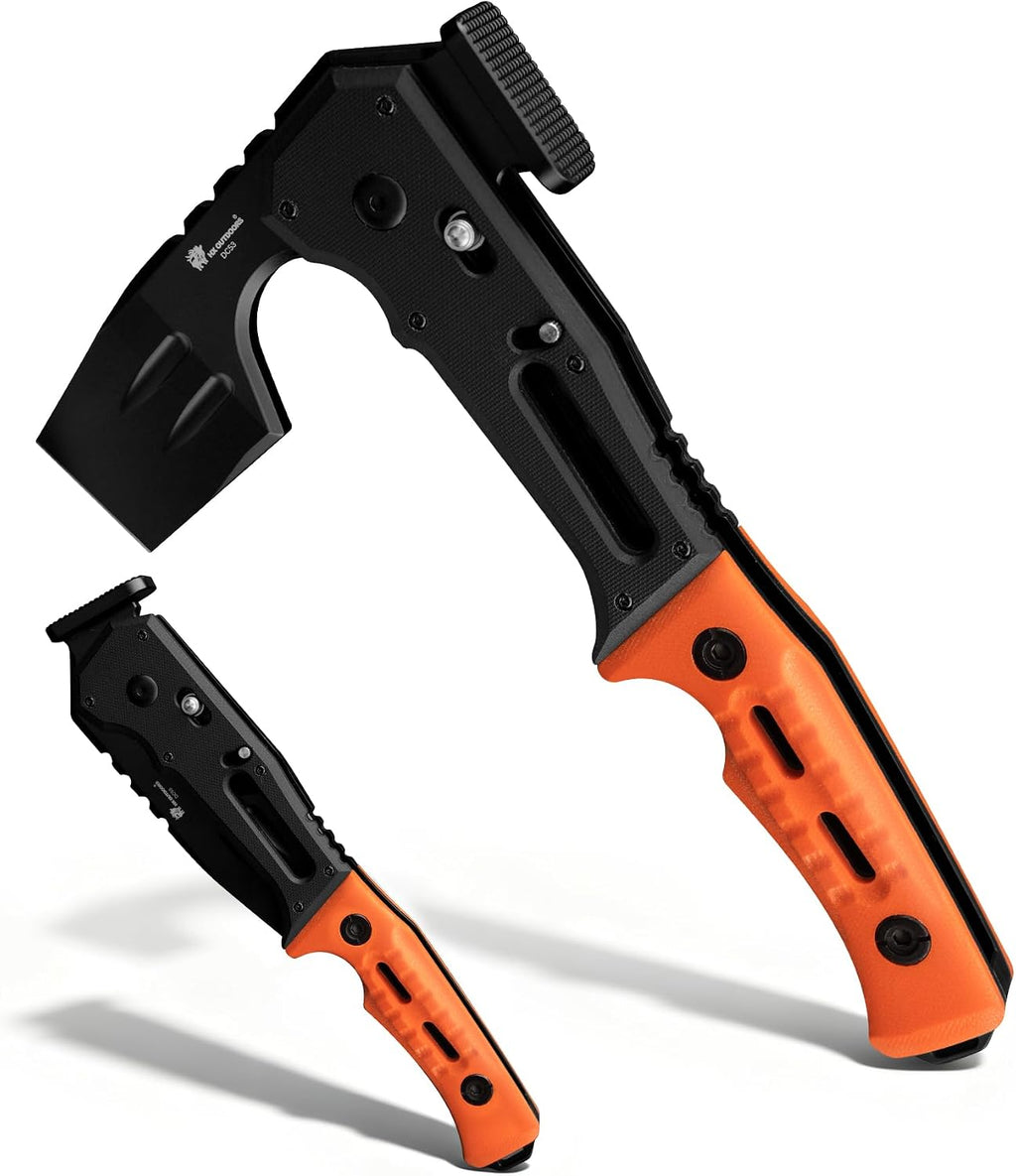 HX OUTDOORS Folding Hatchet Axe Survival Multitool, DC53 Steel Blade with Black Titanium, Camping Hatchet with Hammer, G10 Handle for Outdoor Gear,Various Tactical and Survival (Orange)