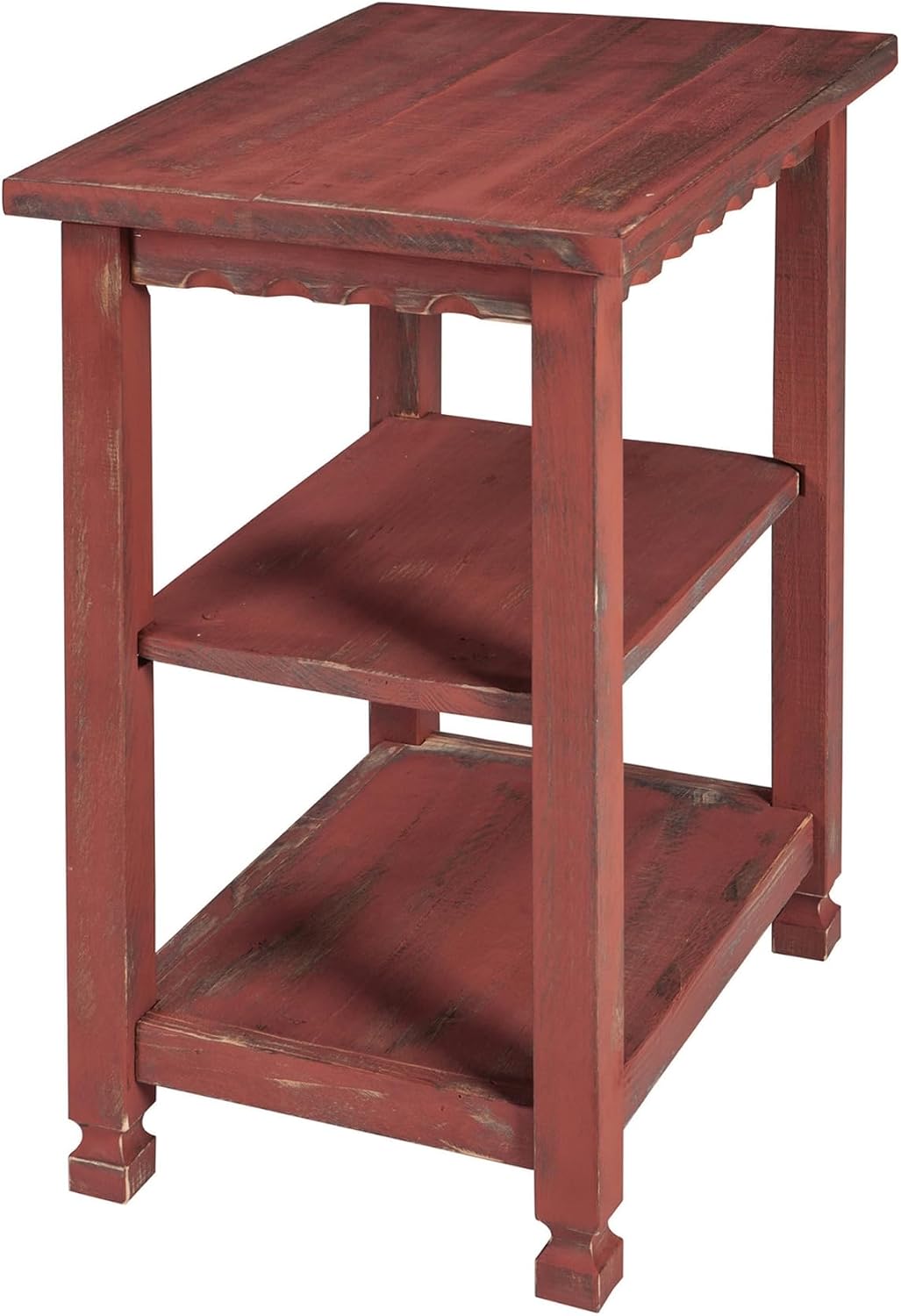 Alaterre Furniture Country Cottage Rustic Farmhouse Nightstand – 3-Tier Narrow End Table with Weathered Faded Finish, Carved Edges, & Turned Legs (Distressed Antique Red)