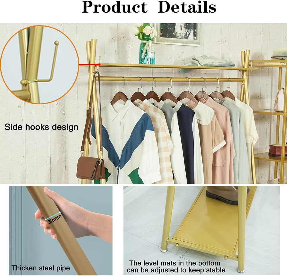 Clothes rack Gold, Freestanding Industrial Garment Rack with Double shelves Multi-functional Bedroom Hanging Clothing Rack,Heavy Duty Coat Rack Organizer for Bedroom Shoes 1 pack (39'' L)