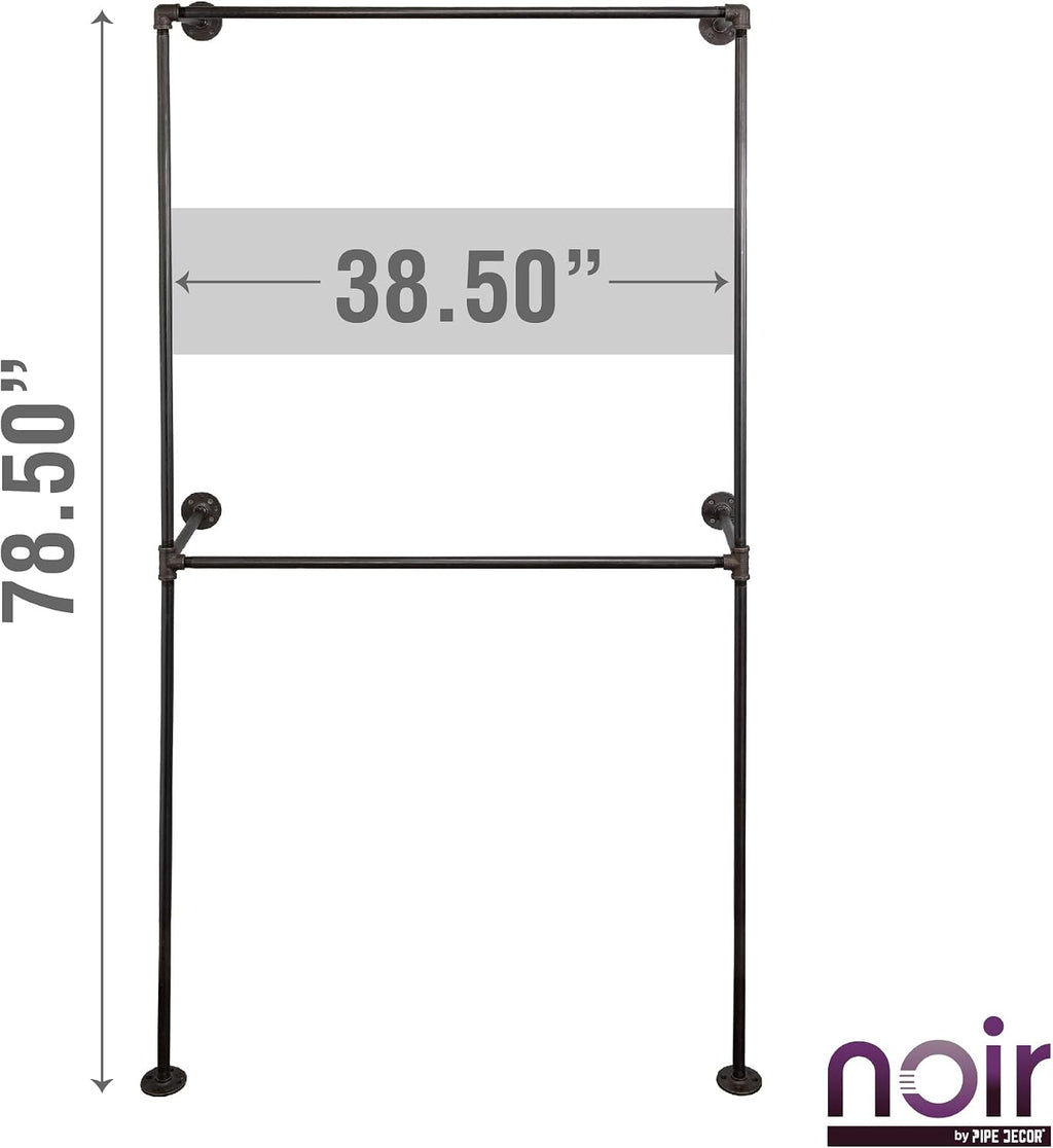 PIPE DECOR 2-Tier Wall Mounted Industrial Pipe Clothing Rack, 38.5 in W x 78.5 in H, Matte Black Pipe, Fittings and Flanges, Industrial Design and Look for Home, Retail or Commercial Use