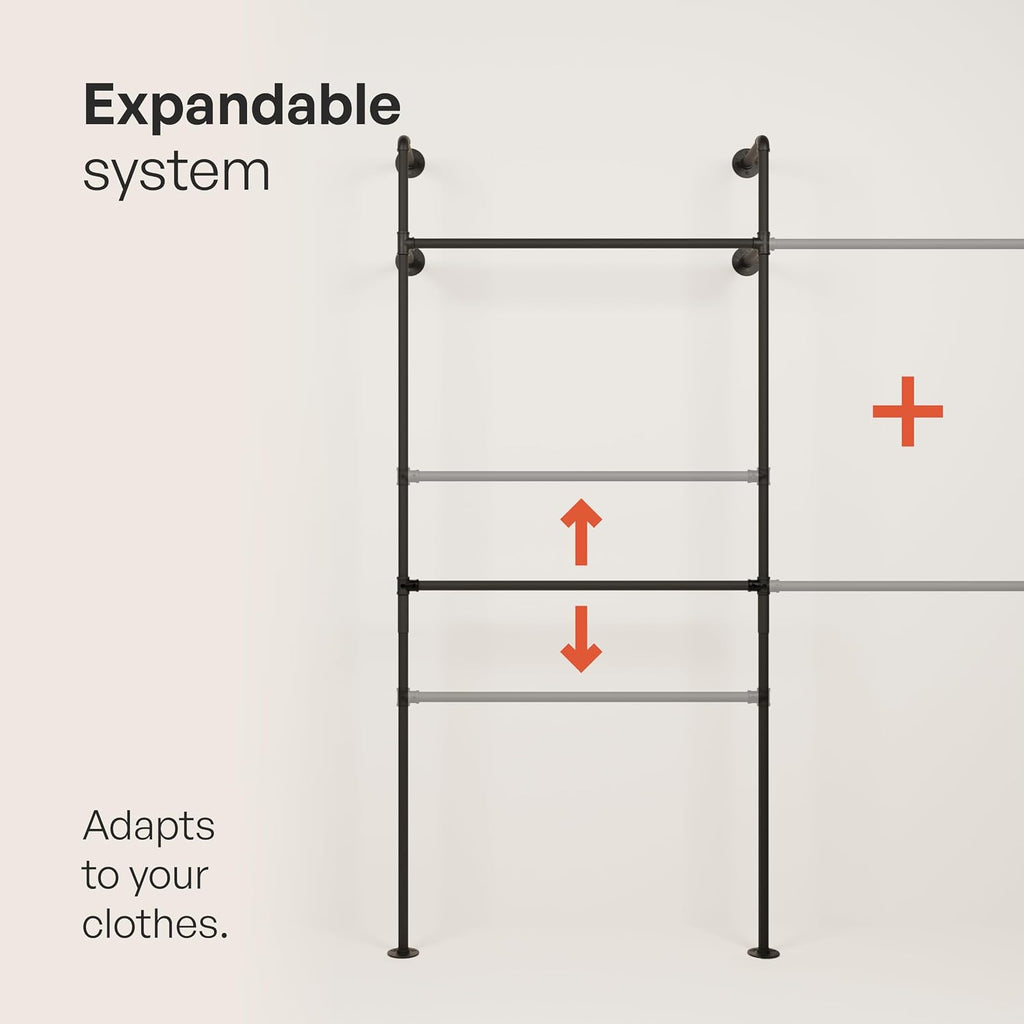 pamo Industrial Pipe Clothing Rack Metal Black - 390 lbs Capacity - Wall Mounted Clothes Racks for Hanging Clothes - KIM II EDGE